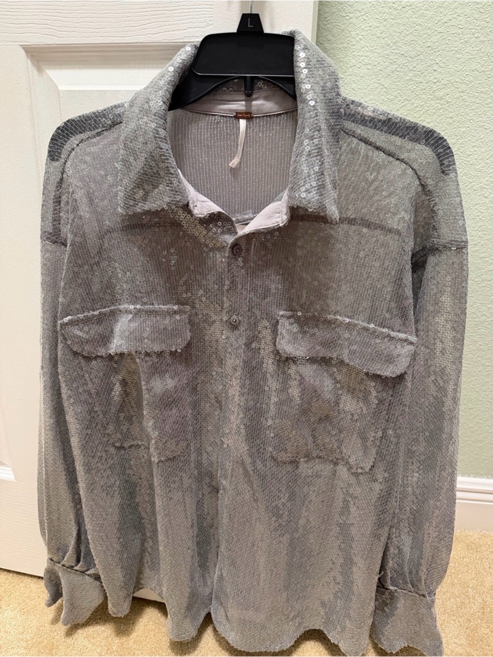 NWT Free People Silver Sequin Button-Up Blouse